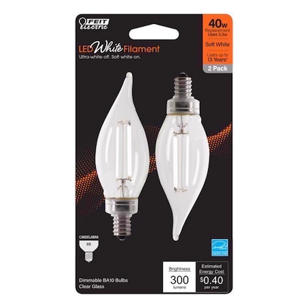 Feit Electric Feit White BA10 E12 (Candelabra) Filament LED Bulb Soft White 40 Watt Equivalence 2 pk BPCFC40927WFIL2